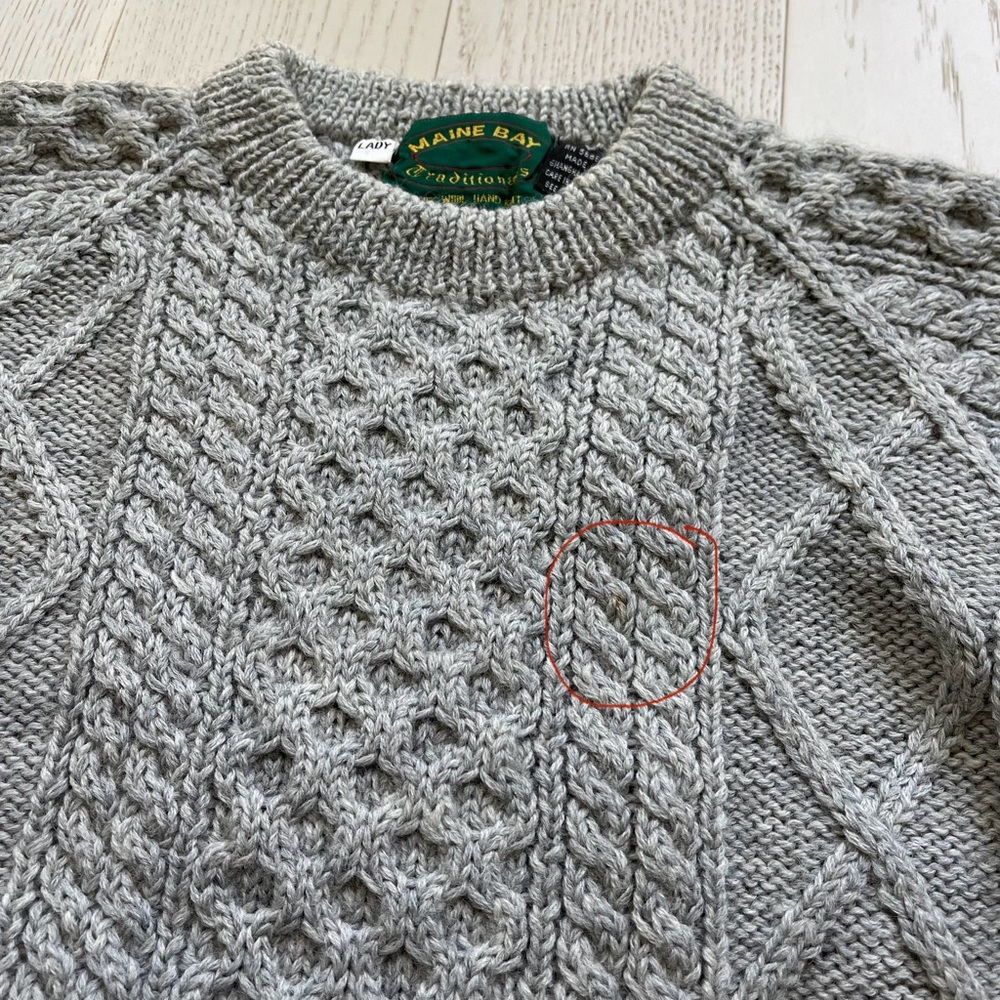 Vintage Maine Bay Thick Cable Knit 100% Wool Hand Knitted Fisherman Sweater - Picture 10 of 16
